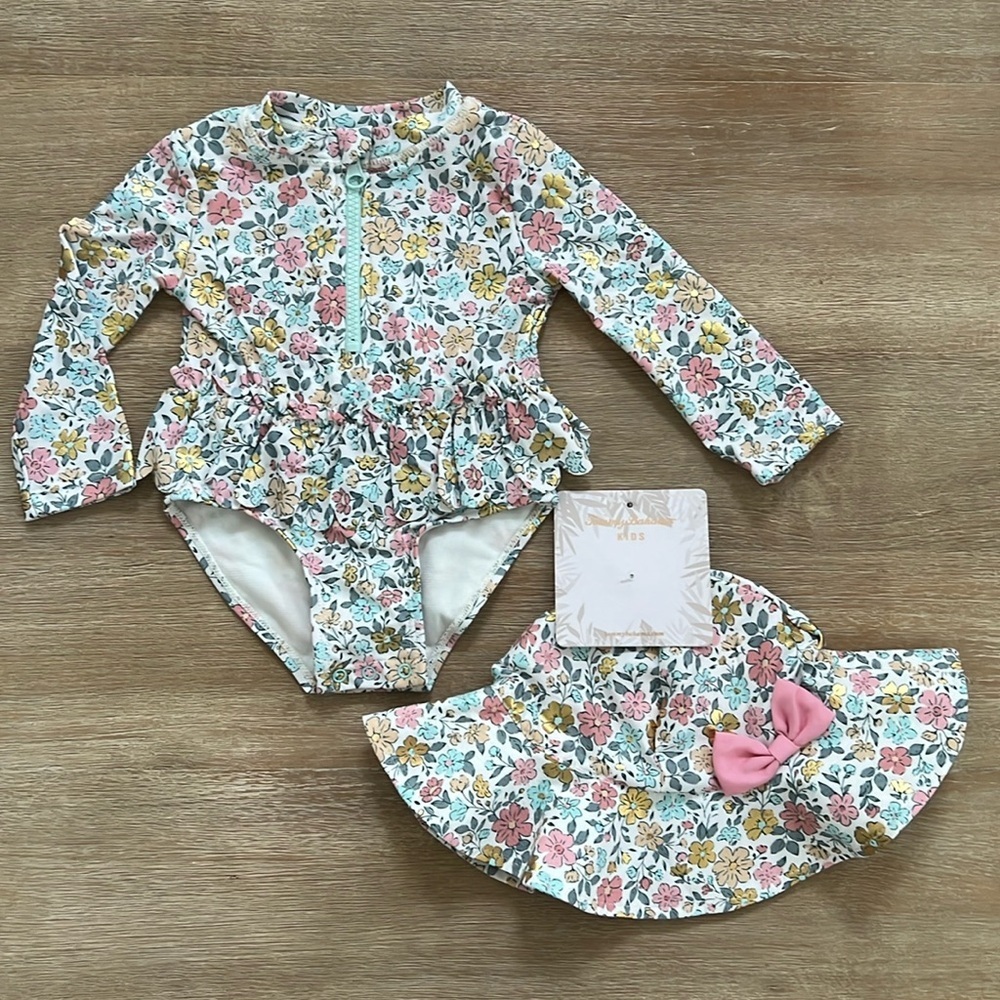 Tommy Bahama Baby Girl One Piece Rashguard Swimsuit with Sun Hat 12 months